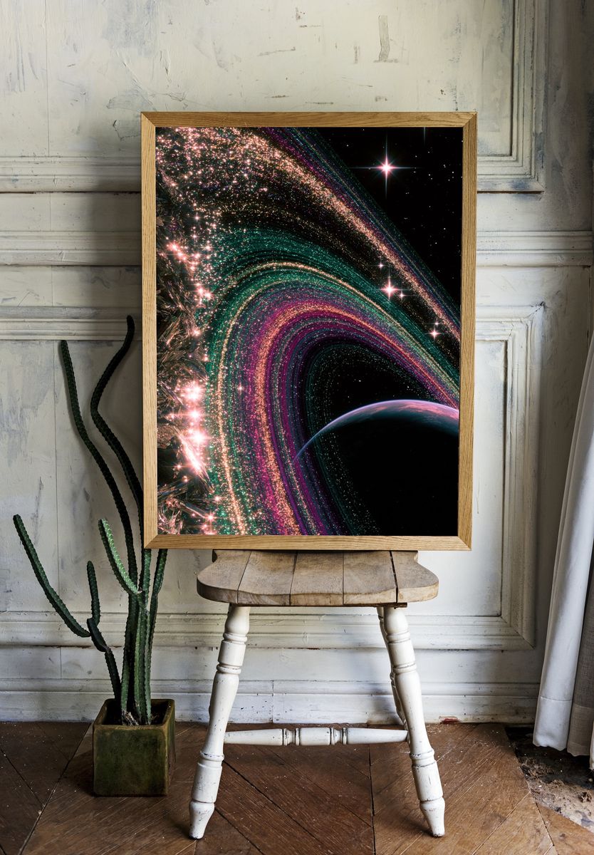 Cosmic Ringed Planet Print. room preview