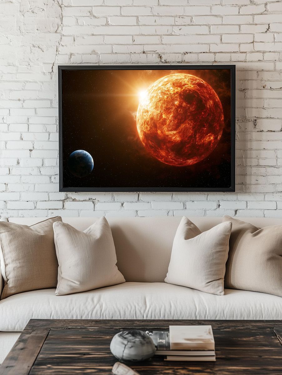 Fiery Sun and Earth Space Print. room preview