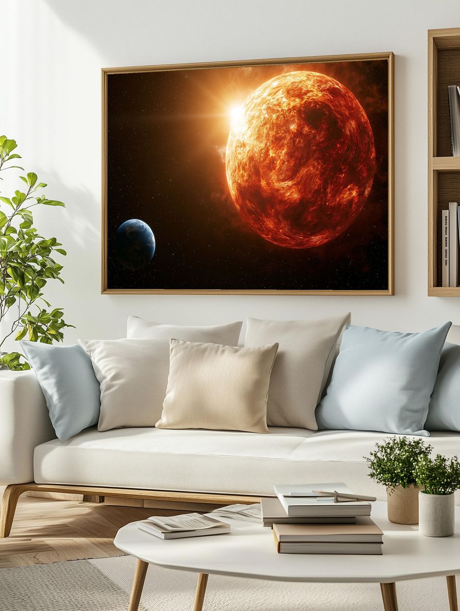 Fiery Sun and Earth Space Print. — room view 2