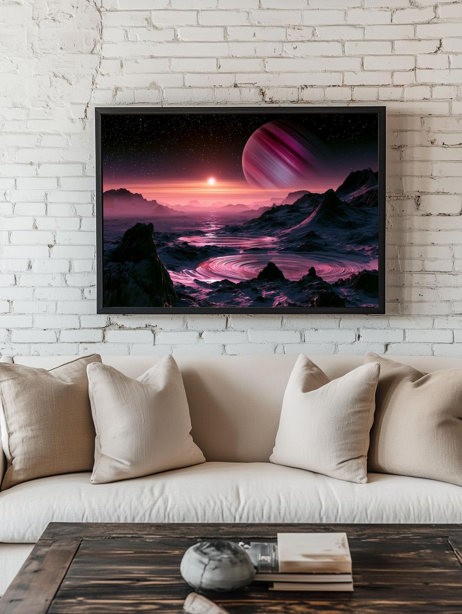 Cosmic Pink Planet Landscape Print. room preview