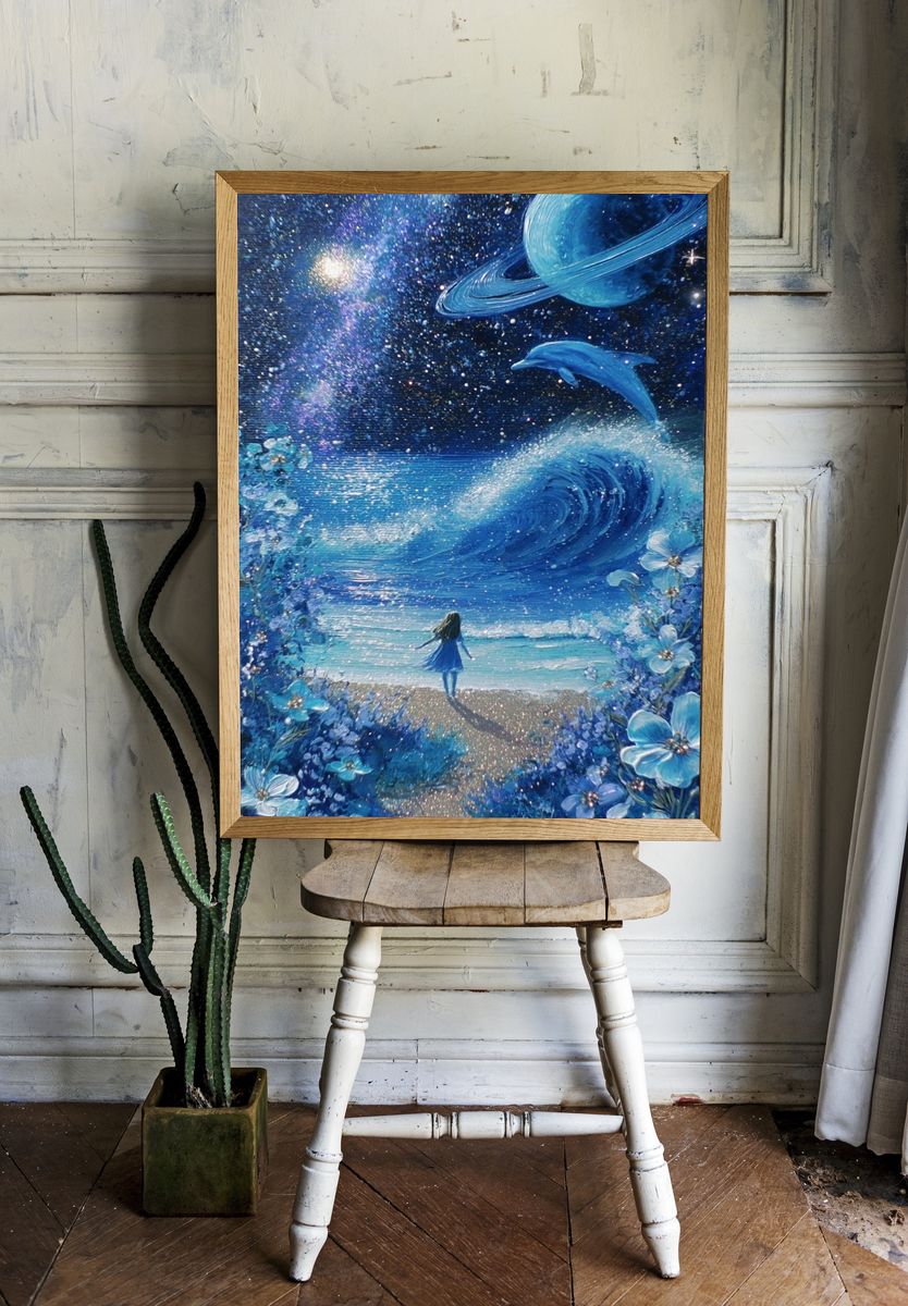 Girl by the Ocean — Space Art Print. — room view 1