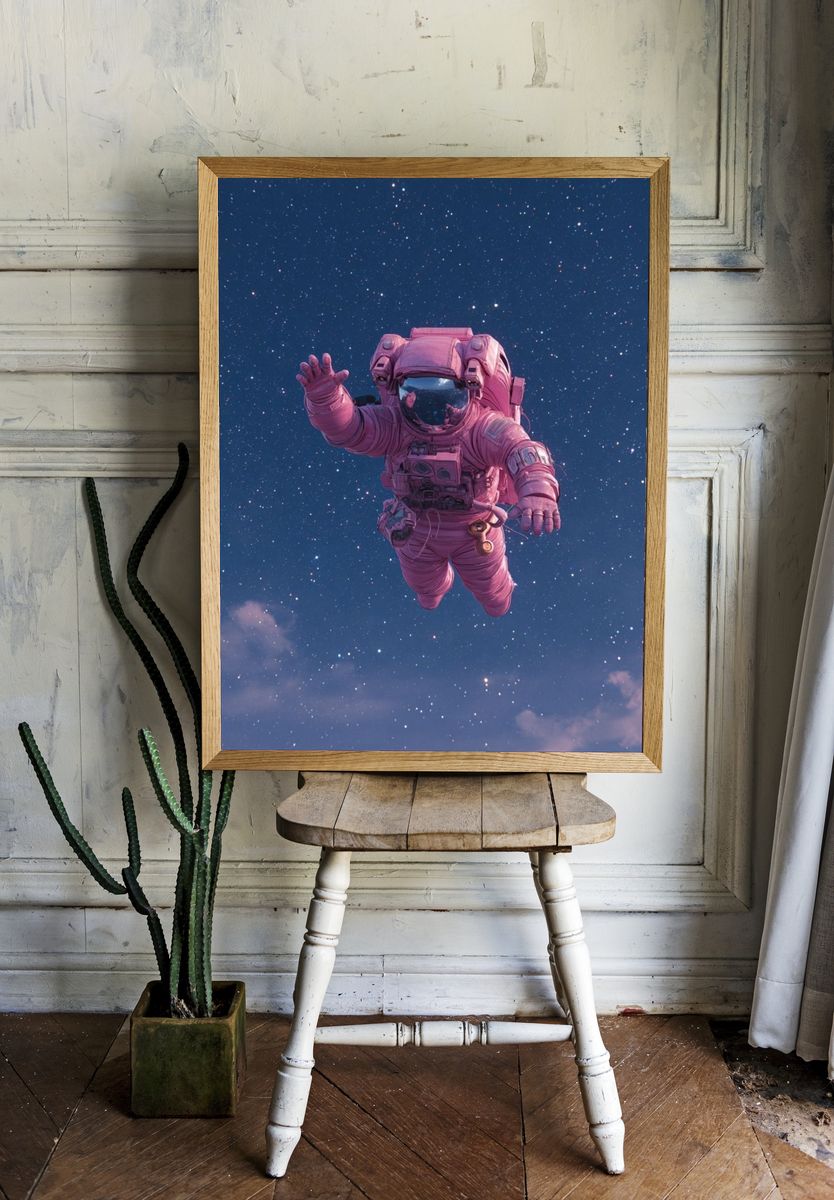 Pink Astronaut in Starry Sky Print. — room view 1