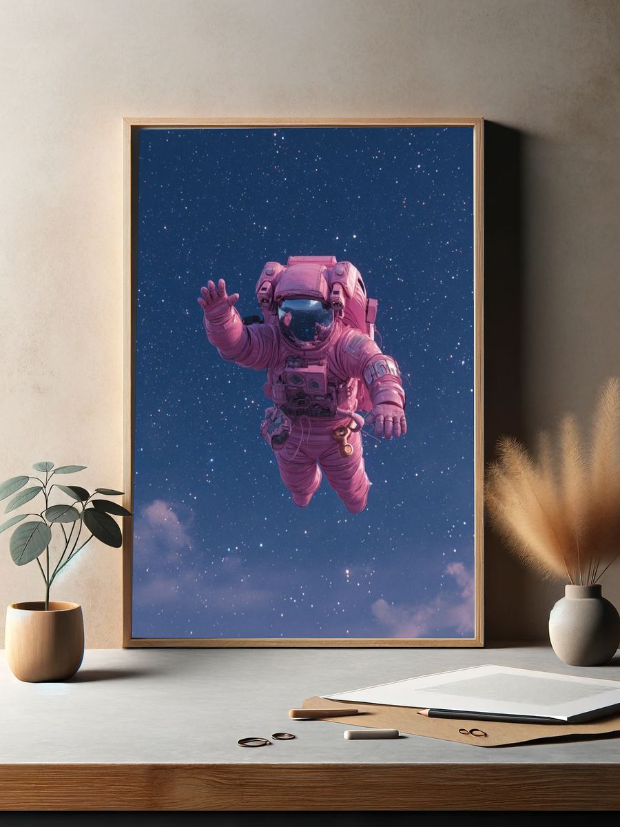 Pink Astronaut in Starry Sky Print. — room view 2
