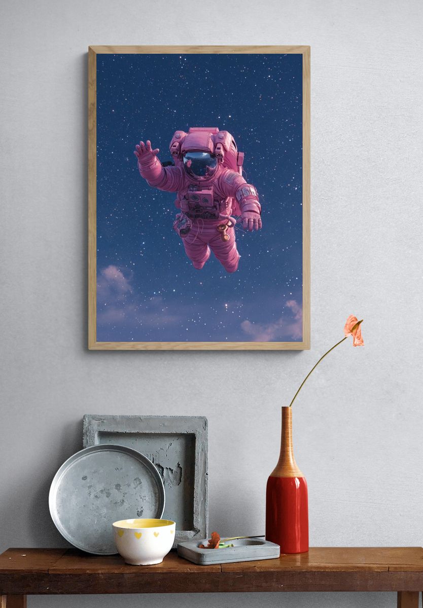 Pink Astronaut in Starry Sky Print. — room view 3