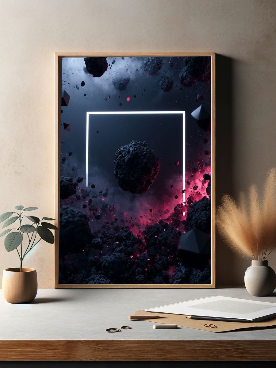 Neon Cosmic Asteroids Abstract Poster. — room view 2