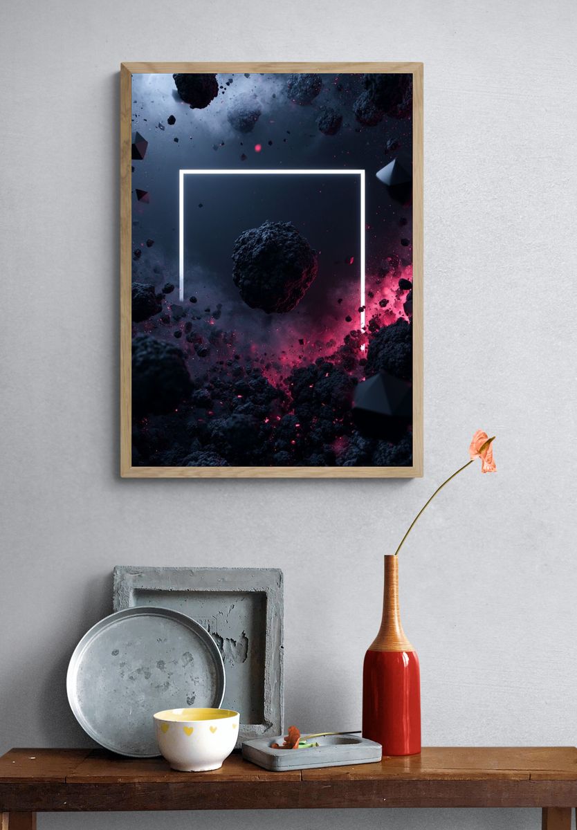 Neon Cosmic Asteroids Abstract Poster. — room view 3