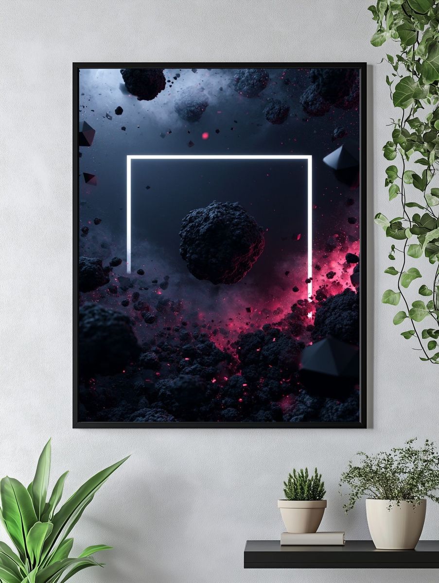 Neon Cosmic Asteroids Abstract Poster. — room view 4