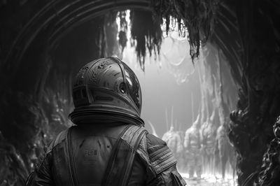 Astronaut Cave Scene Sci-Fi Poster.