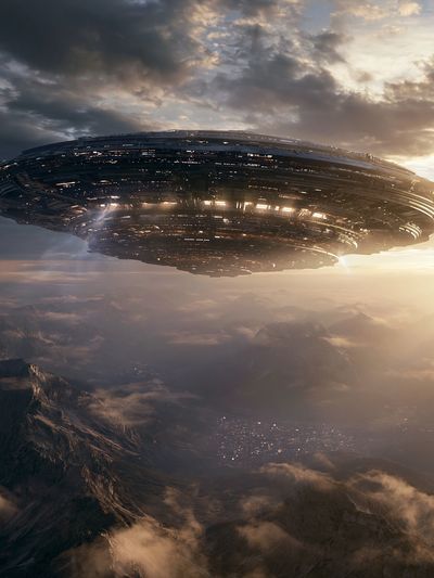 Alien Mothership Sunset Poster.