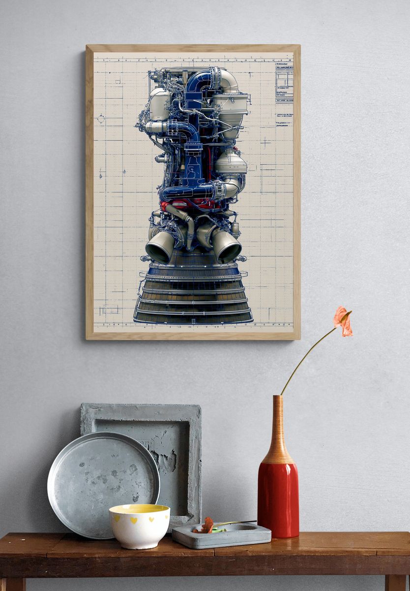 Rocket Engine Blueprint Poster. — room view 3