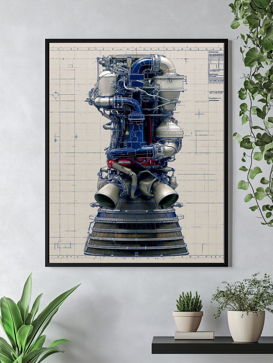 Rocket Engine Blueprint Poster. — room view 4