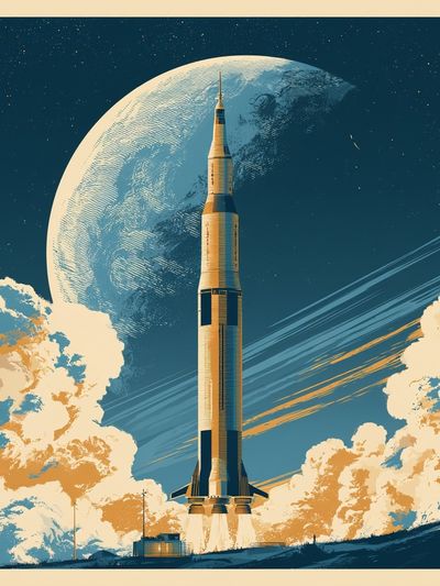 Rocket Launch Moonlit Space Poster.