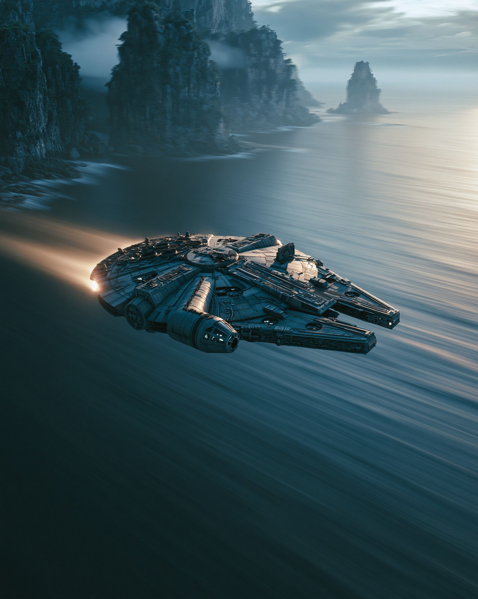 Starship Over Cliffs Sci-Fi Print. poster detail