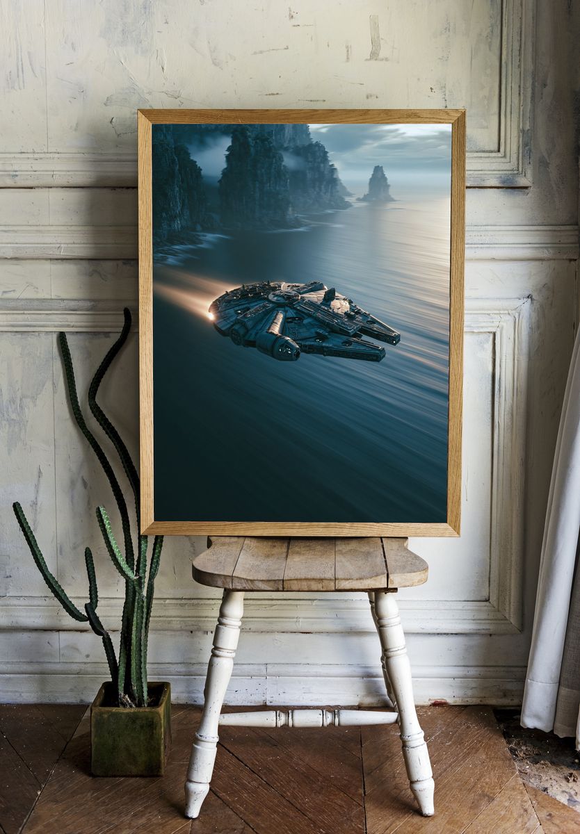 Starship Over Cliffs Sci-Fi Print. — room view 1