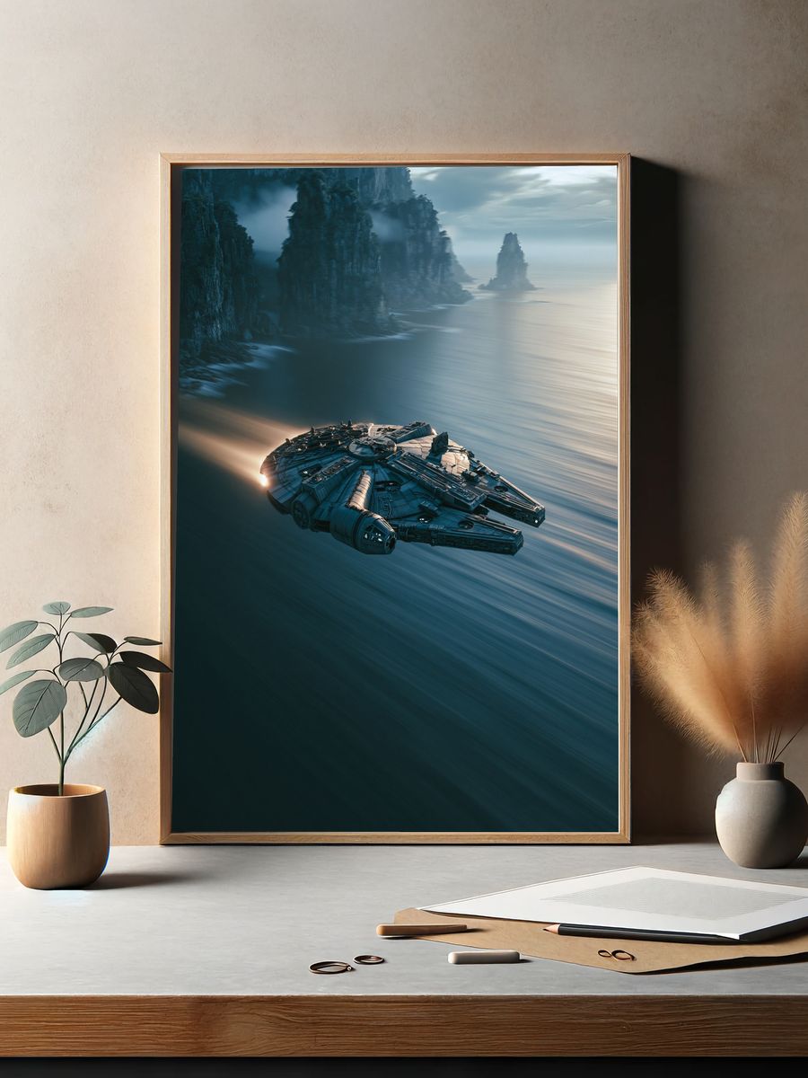 Starship Over Cliffs Sci-Fi Print. — room view 2
