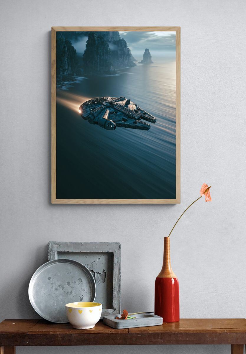 Starship Over Cliffs Sci-Fi Print. — room view 3