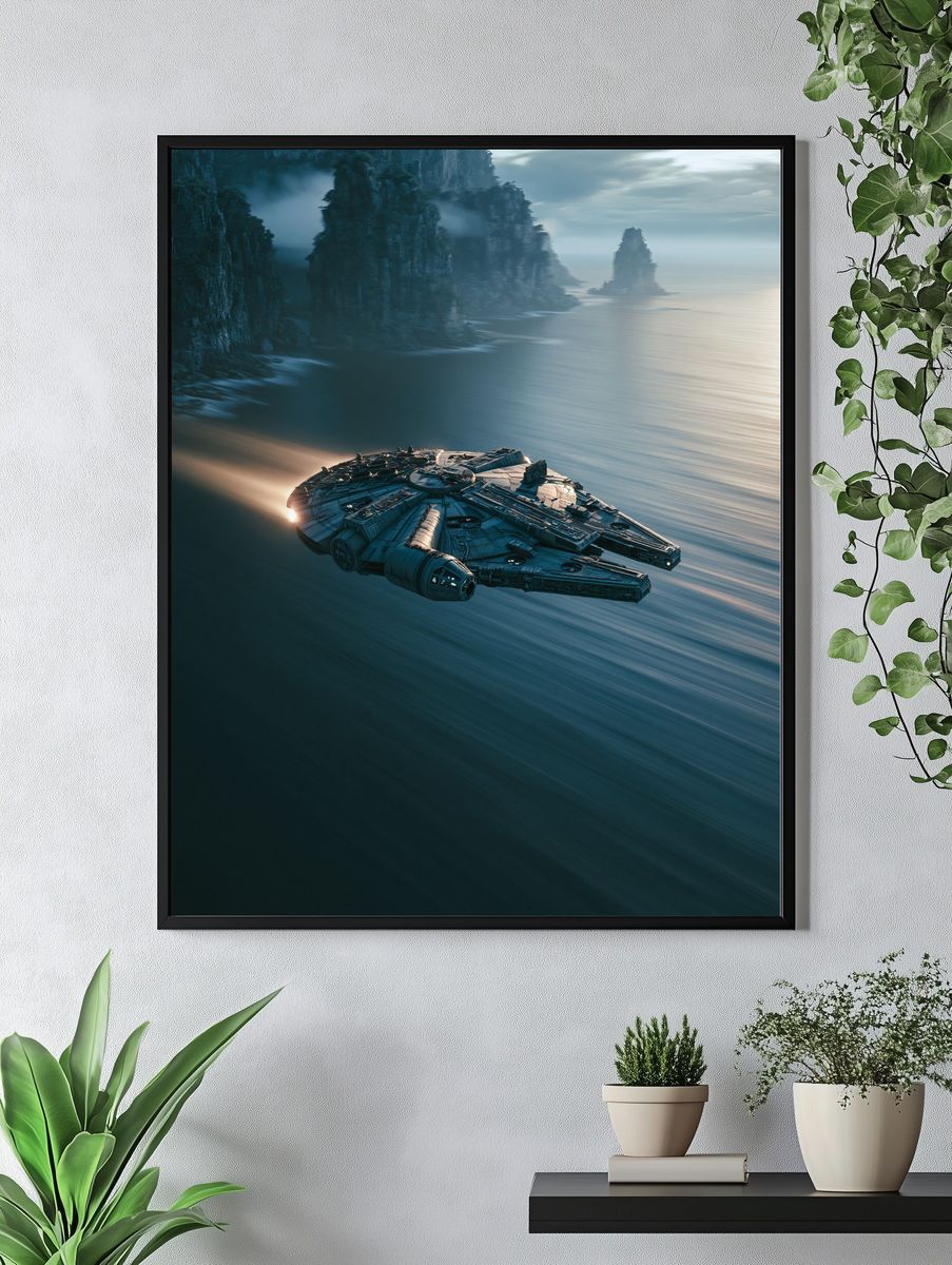 Starship Over Cliffs Sci-Fi Print. — room view 4