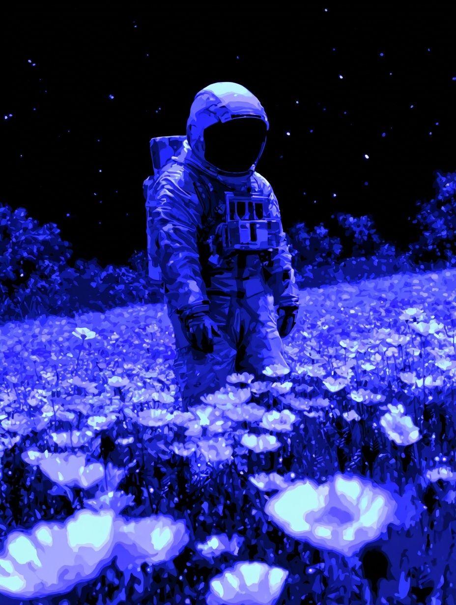 Astronaut in Blue Flowers Poster. poster detail