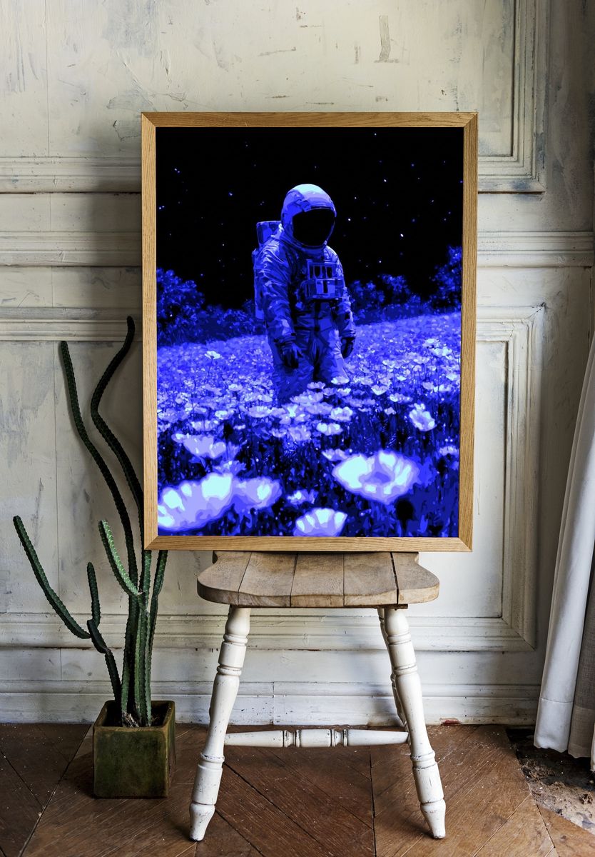 Astronaut in Blue Flowers Poster. — room view 1