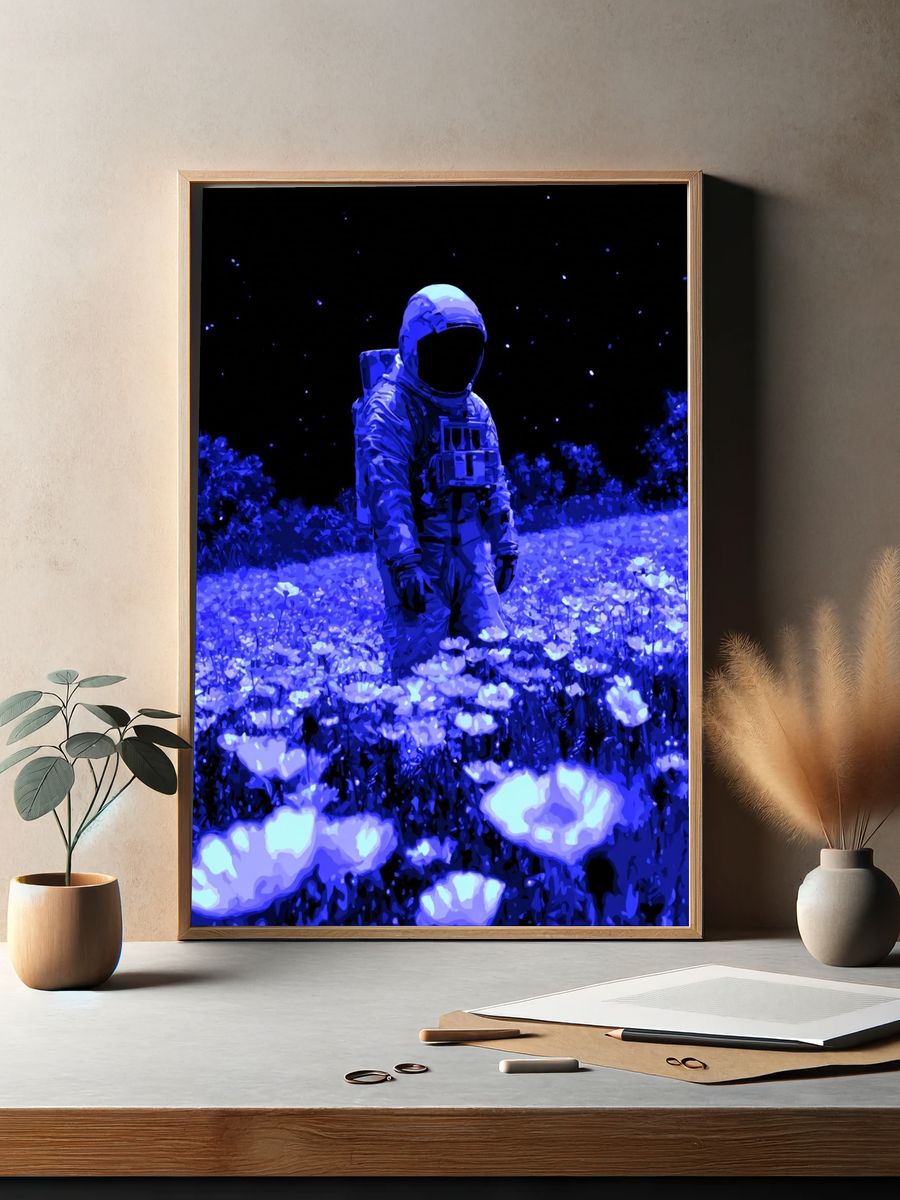 Astronaut in Blue Flowers Poster. — room view 2