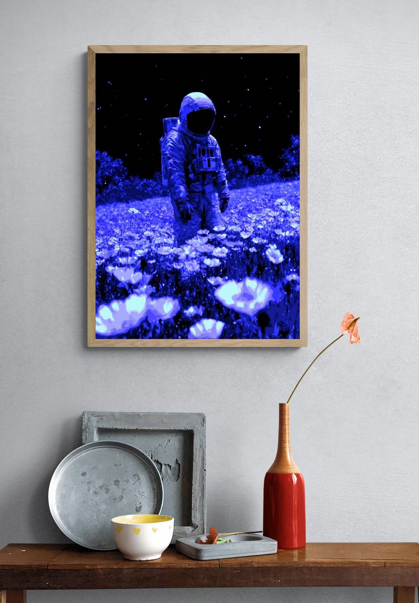 Astronaut in Blue Flowers Poster. — room view 3