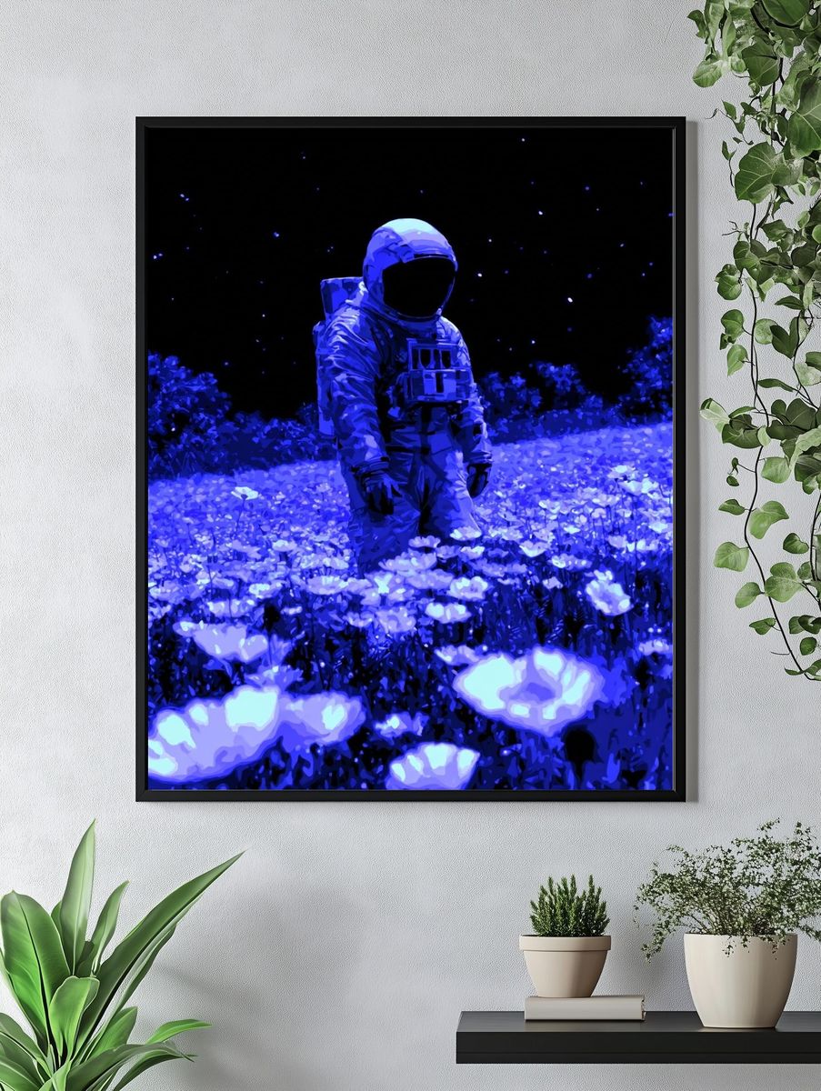 Astronaut in Blue Flowers Poster. — room view 4