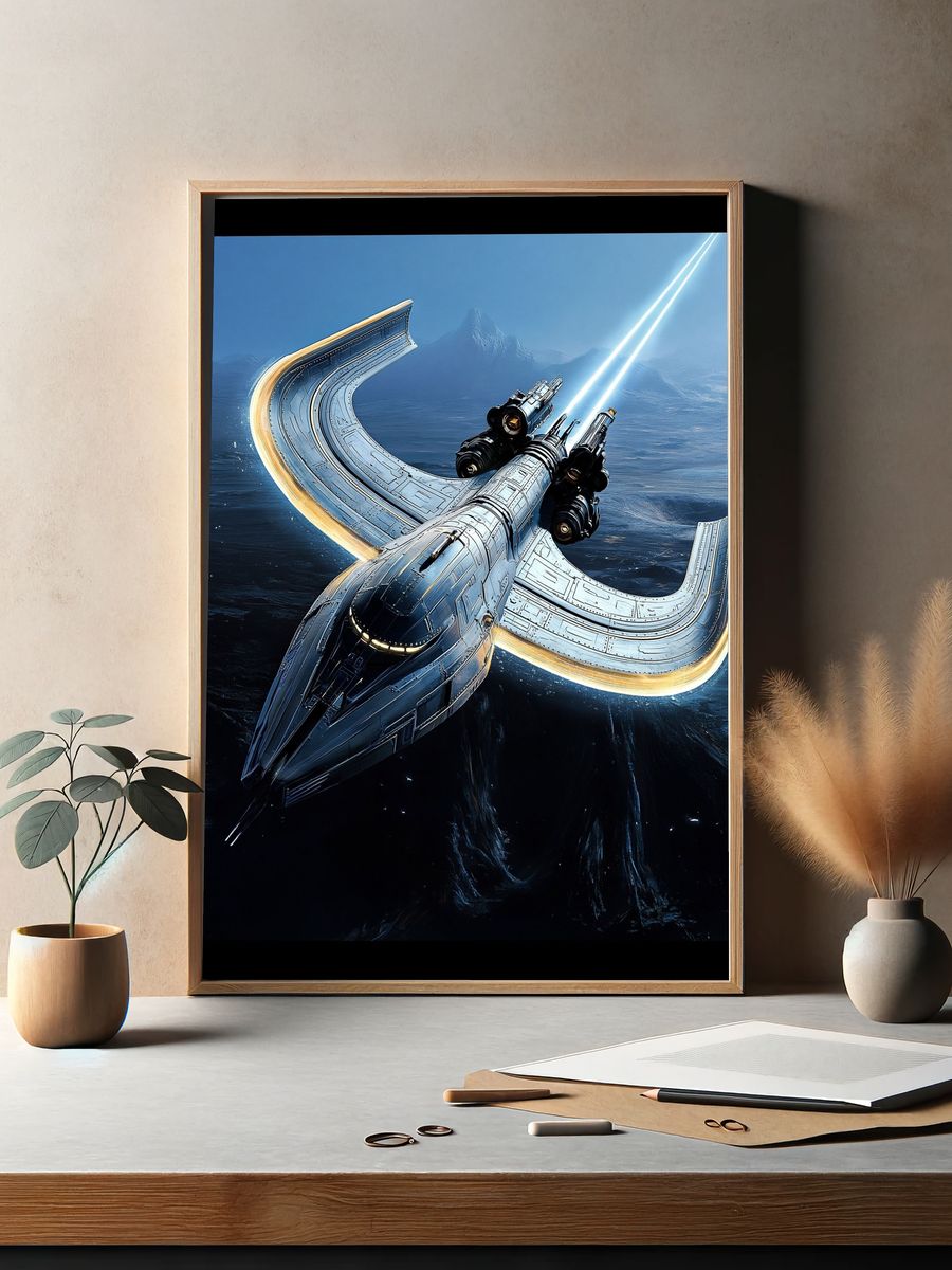 Futuristic Spacecraft Over Ice World Poster. — room view 2