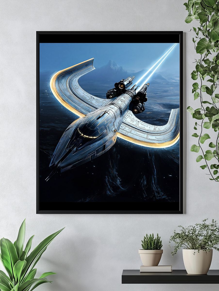 Futuristic Spacecraft Over Ice World Poster. — room view 4