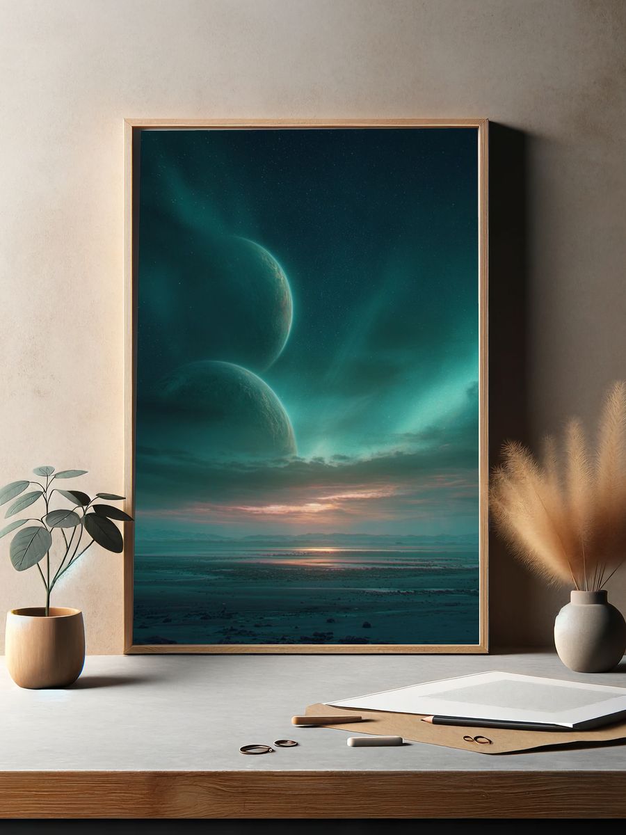Twin Planets at Dusk — Space Print. — room view 2