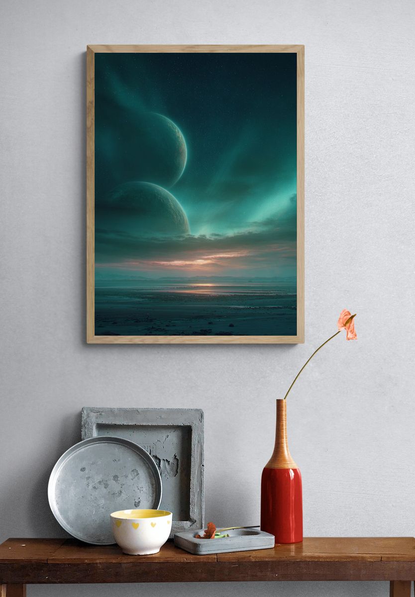 Twin Planets at Dusk — Space Print. — room view 3