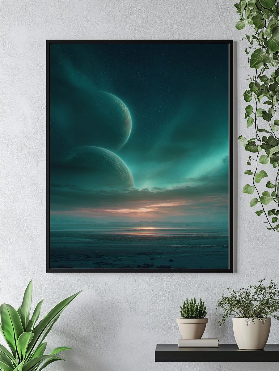 Twin Planets at Dusk — Space Print. — room view 4