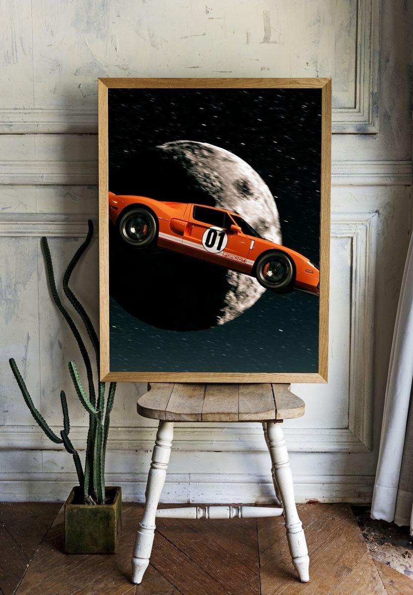 Orange Race Car in Space Poster. room preview