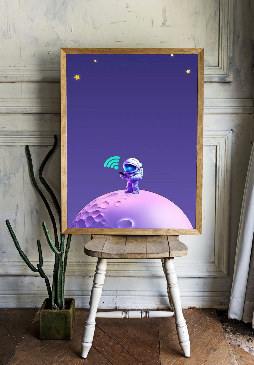Astronaut on Moon — Digital Art Print. — room view 1