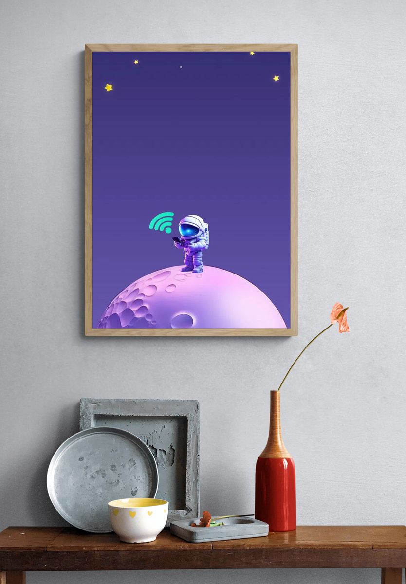 Astronaut on Moon — Digital Art Print. — room view 3