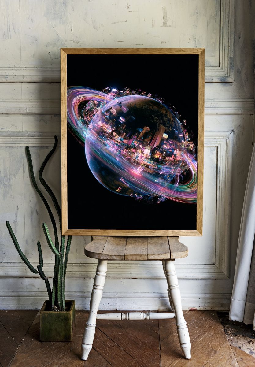 Neon Saturn Digital Art Poster. room preview