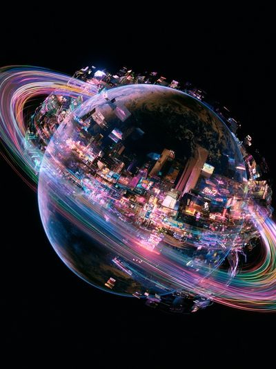 Neon Saturn Digital Art Poster.