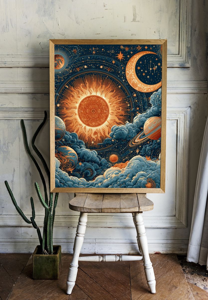Celestial Sun and Moon Print. room preview