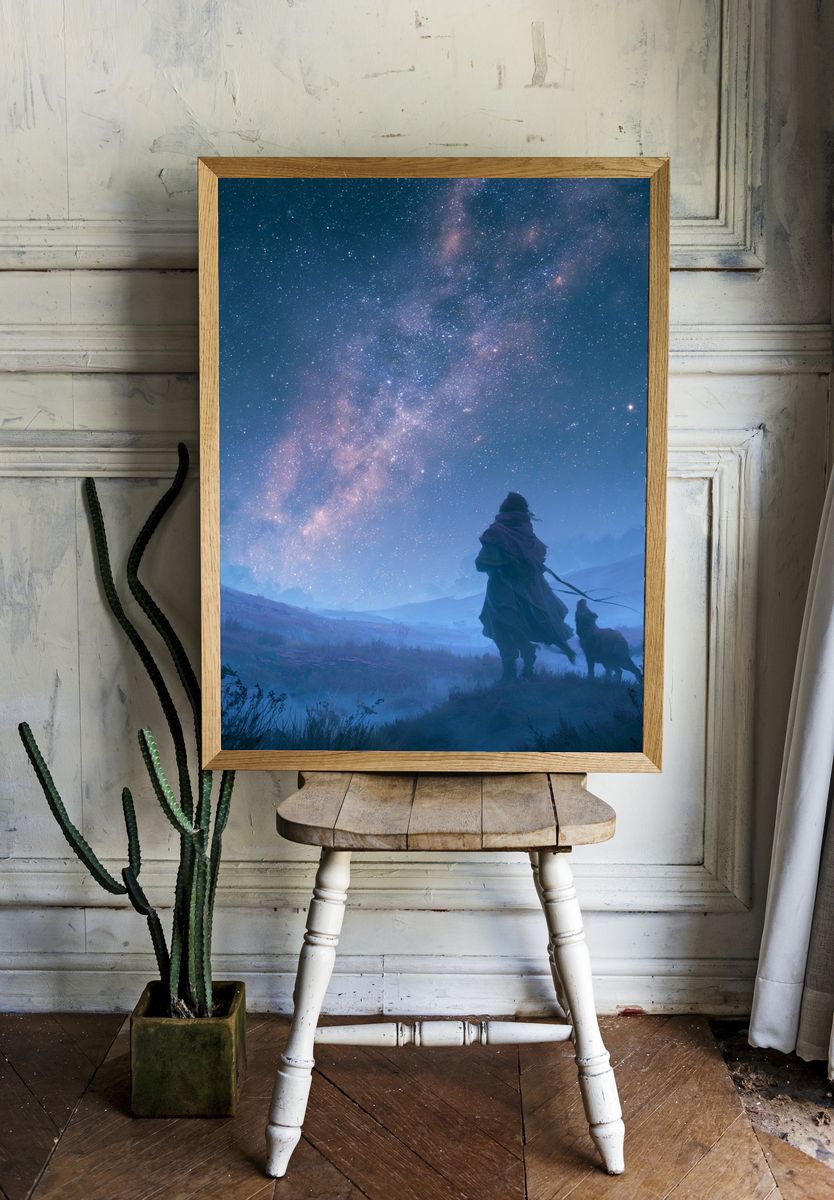 Stargazer and Dog Night Sky Print. — room view 1
