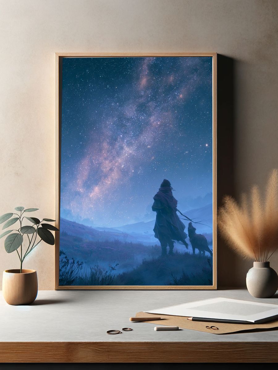 Stargazer and Dog Night Sky Print. — room view 2
