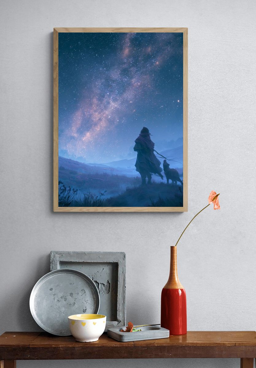 Stargazer and Dog Night Sky Print. — room view 3