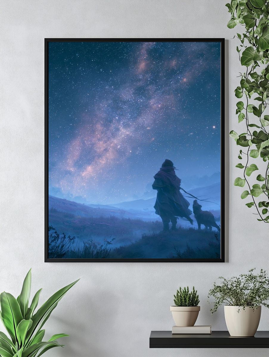 Stargazer and Dog Night Sky Print. — room view 4