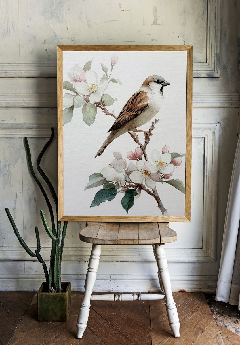 Sparrow and Blossom Watercolor Poster. — room view 1