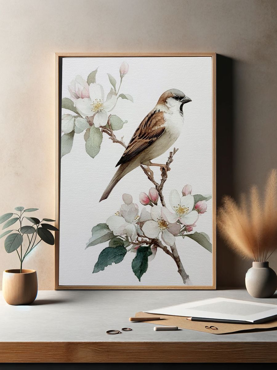 Sparrow and Blossom Watercolor Poster. — room view 2