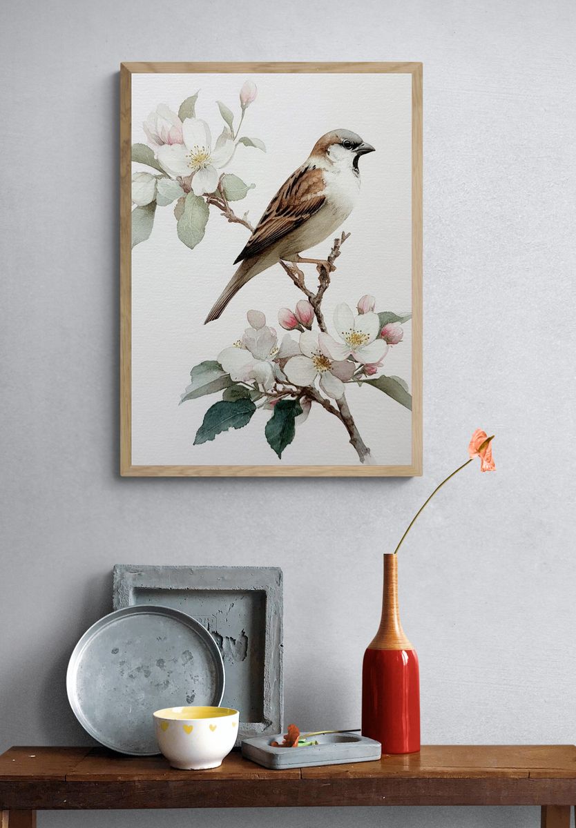 Sparrow and Blossom Watercolor Poster. — room view 3