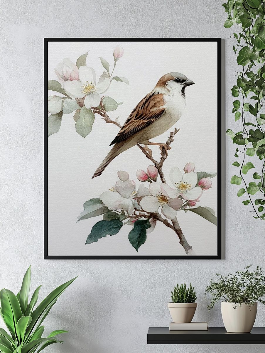 Sparrow and Blossom Watercolor Poster. — room view 4