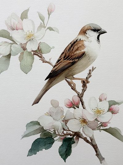 Sparrow and Blossom Watercolor Poster. poster print