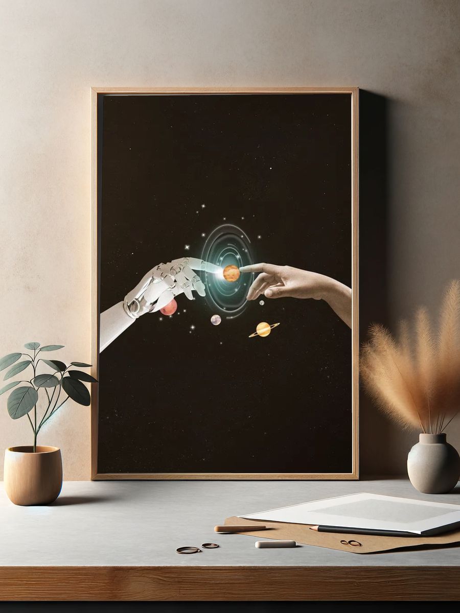 Human and Robot Touching — Space Art Print. — room view 2