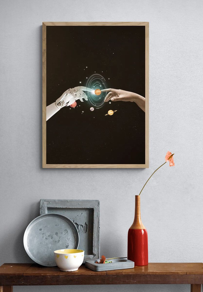 Human and Robot Touching — Space Art Print. — room view 3