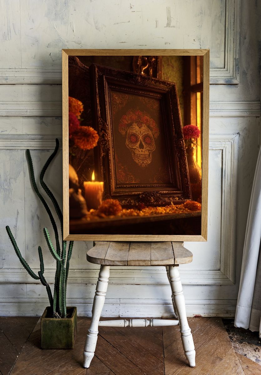 Sugar Skull with Floral Accents — Fine Art Print. — room view 1