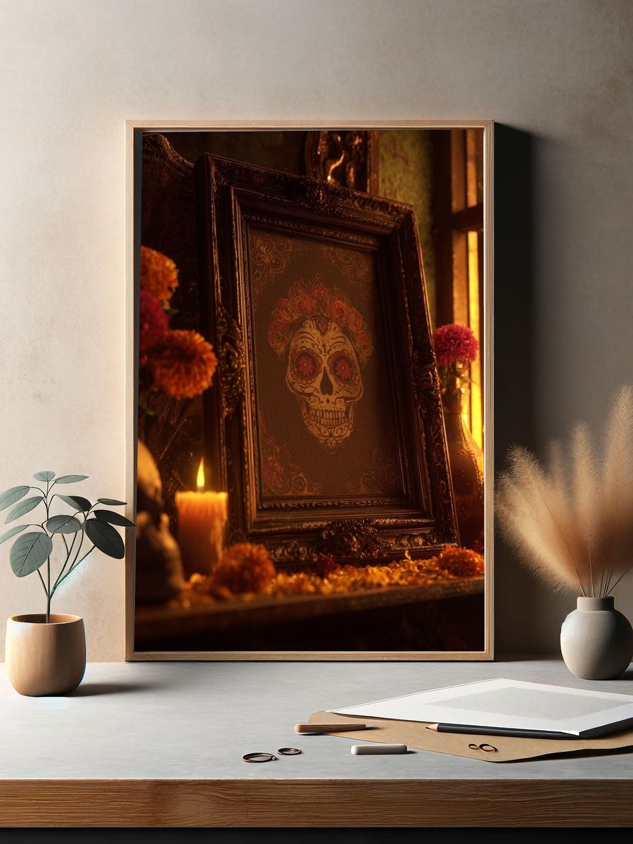 Sugar Skull with Floral Accents — Fine Art Print. — room view 2